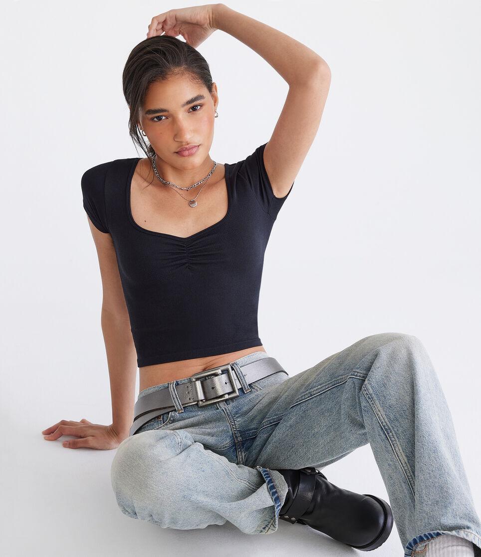 aéropostale Buttery Soft Cropped Cinch-Front Tee black fox