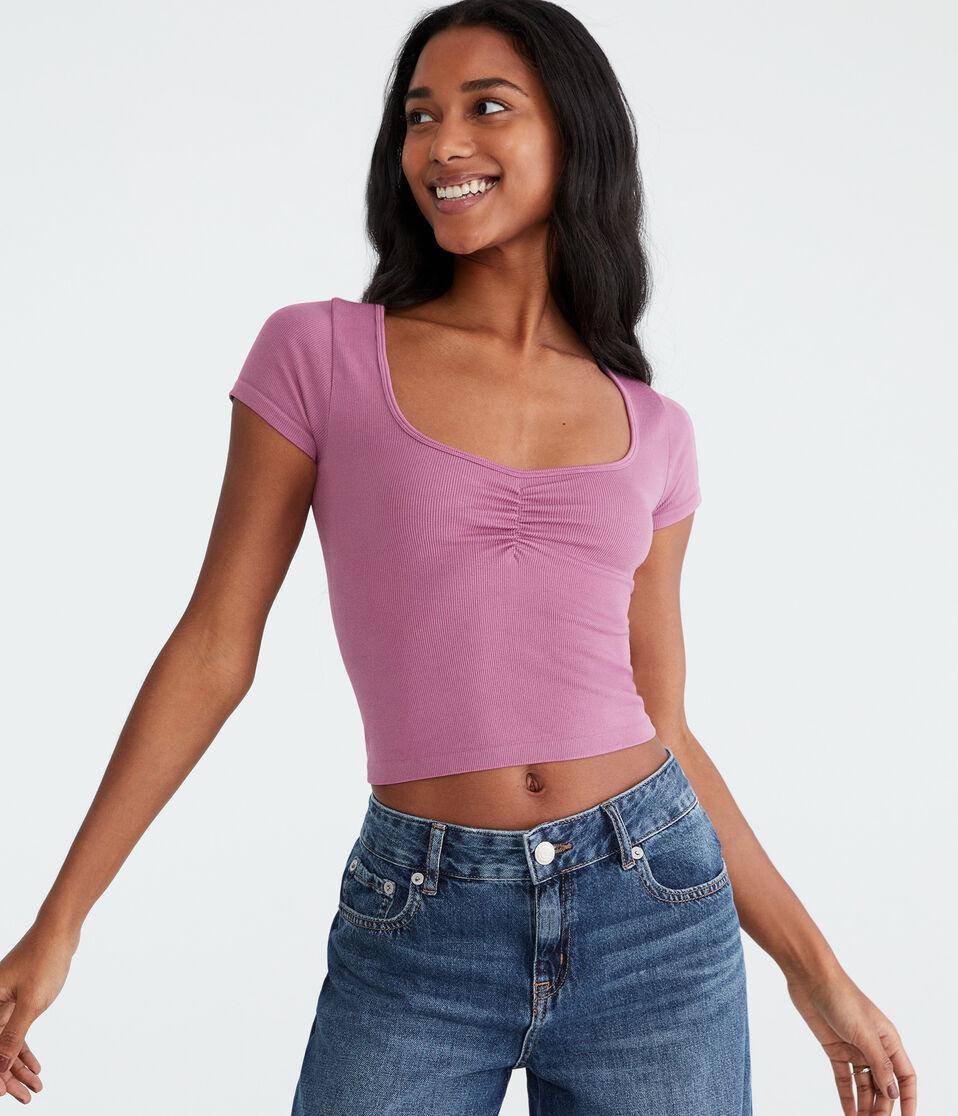 Aéropostale Buttery Soft Cropped Cinch-Front Tee Burgundy