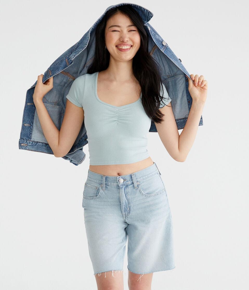 Aéropostale Buttery Soft Washed Cropped Cinch-Front Tee Polar Blue