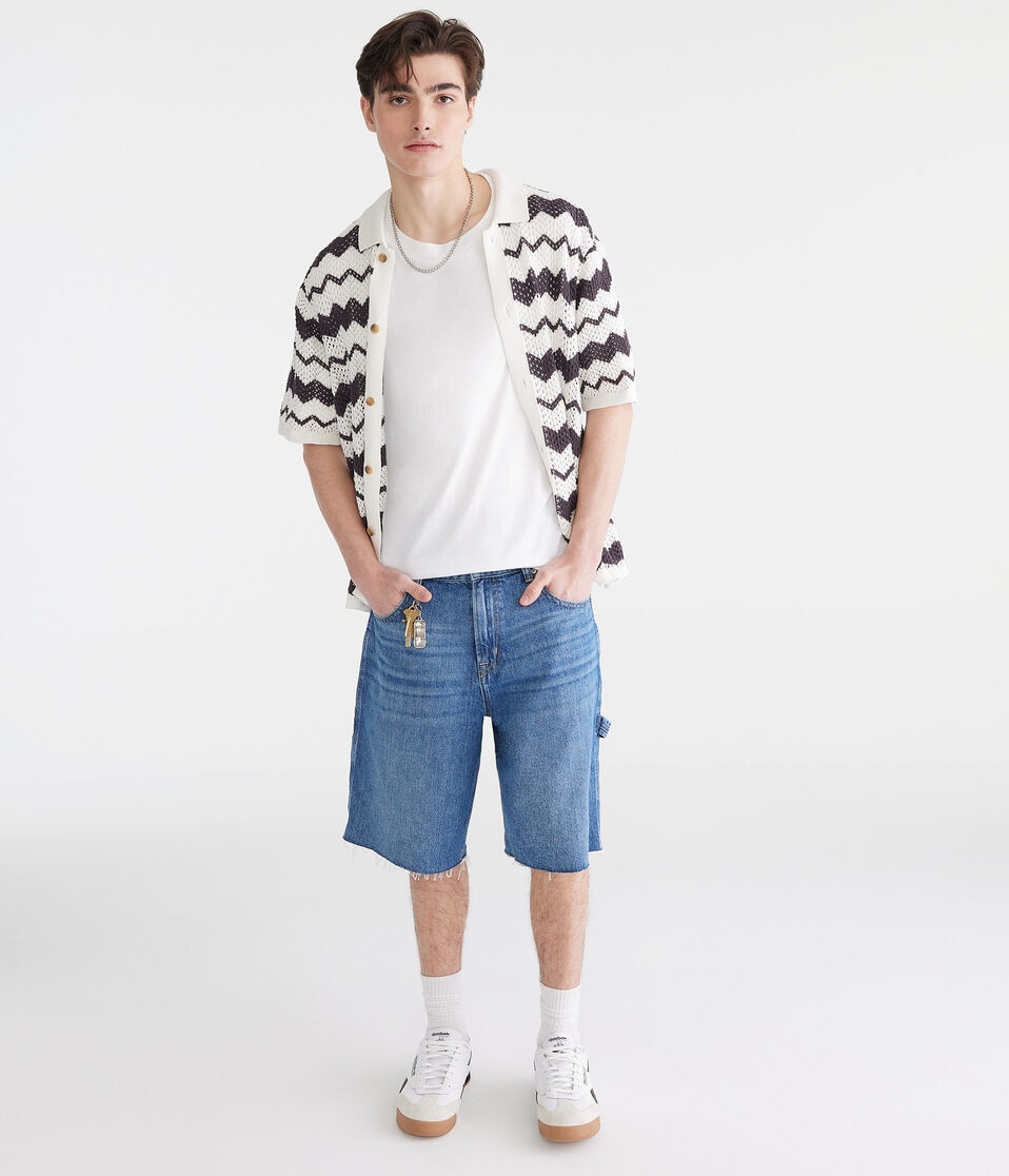 Aéropostale Chevron Crocheted Buttoned Sweater Polo Academy Grey