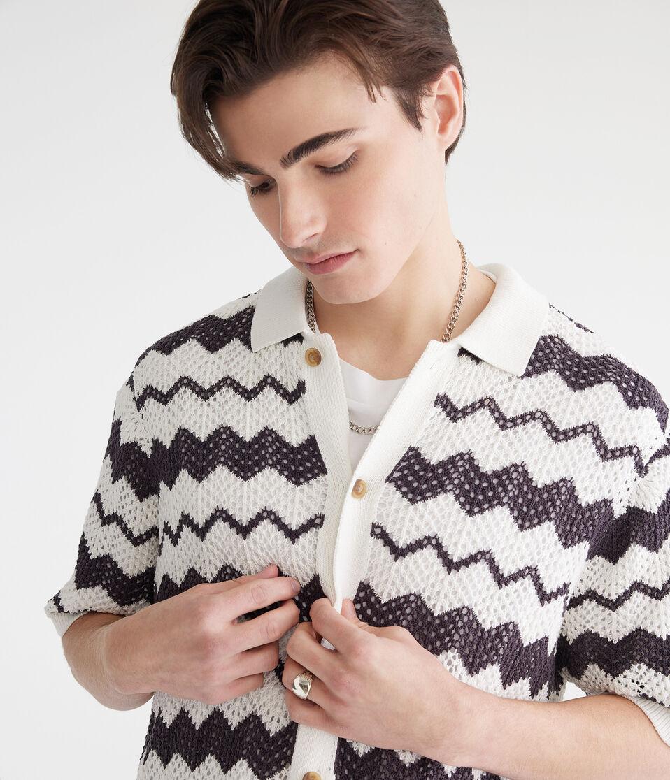 Aéropostale Chevron Crocheted Buttoned Sweater Polo Academy Grey
