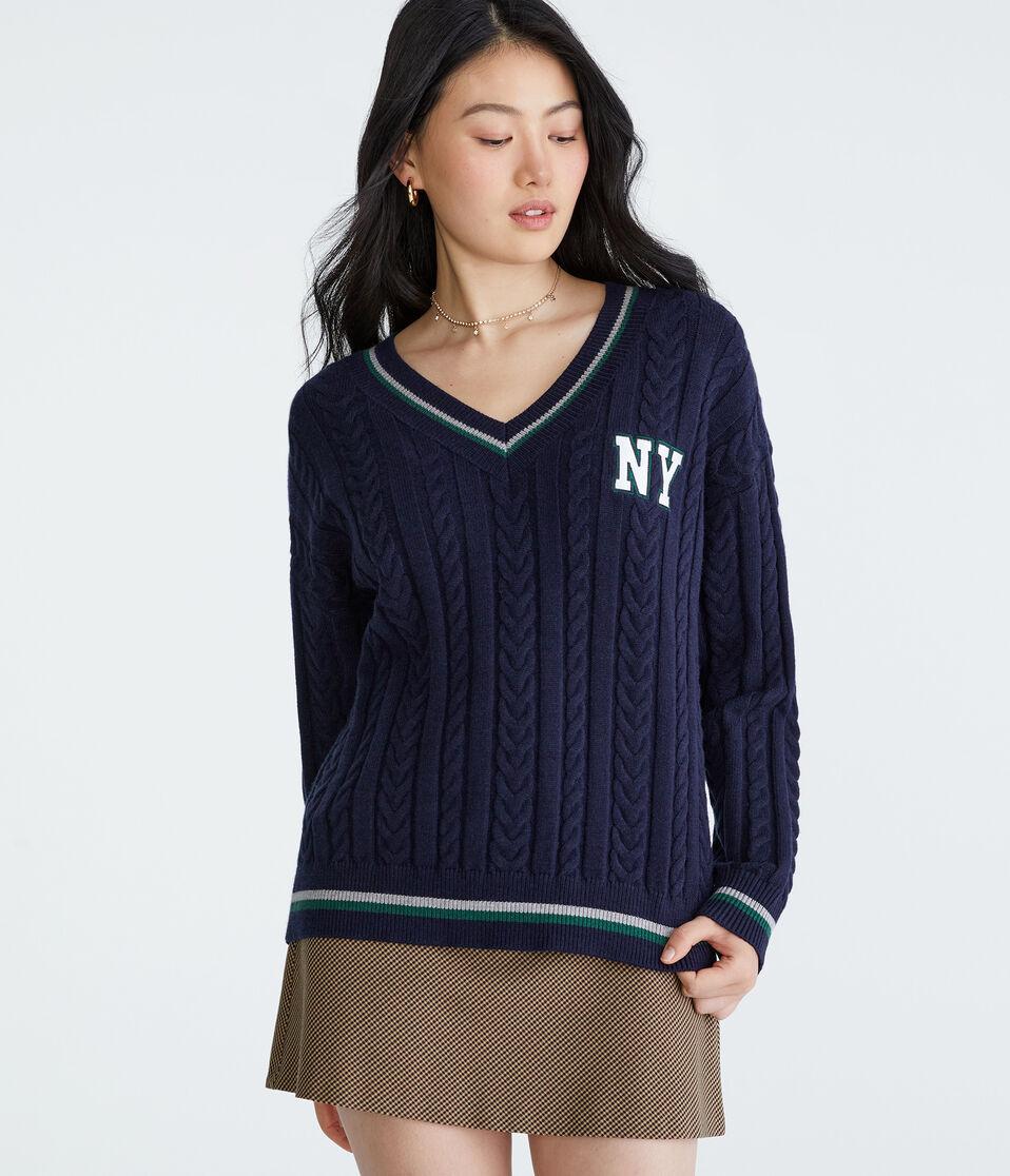 aéropostale City Oversized Cable V-Neck Sweater navy