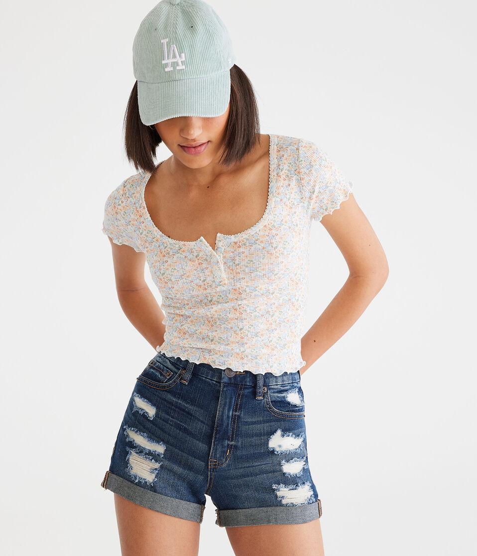 aéropostale Curvy High-Rise Denim Midi Shorts dark wash
