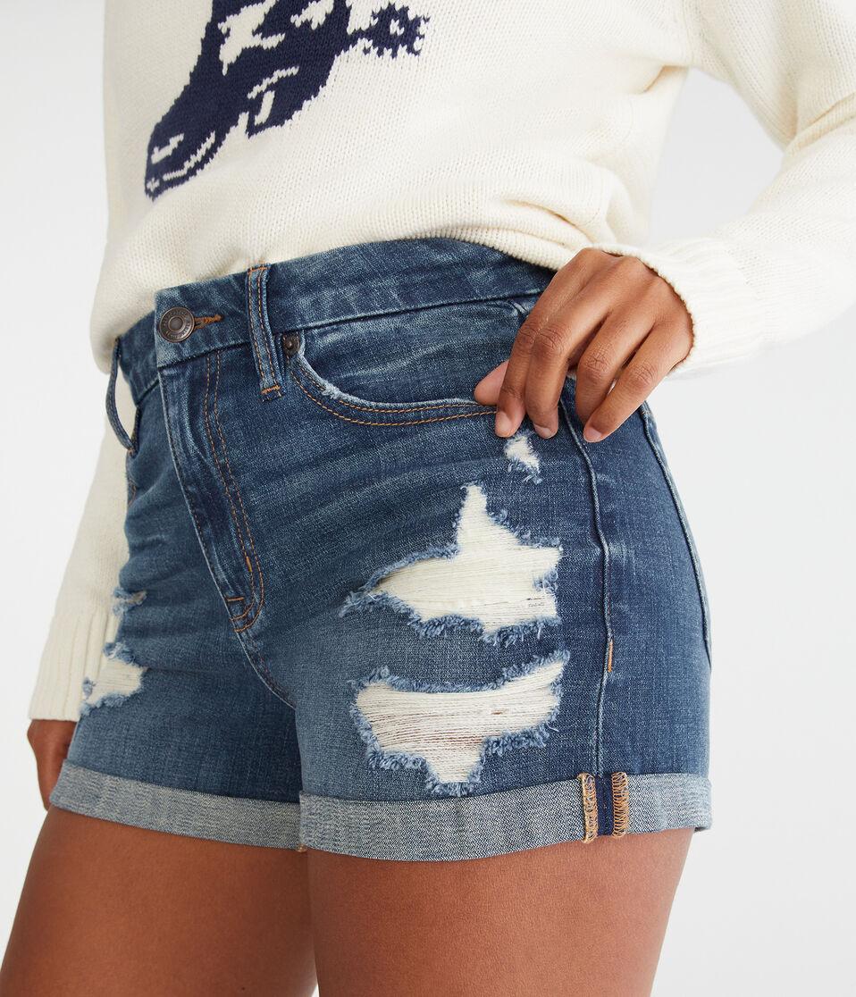 aéropostale Curvy High-Rise Denim Midi Shorts dark wash