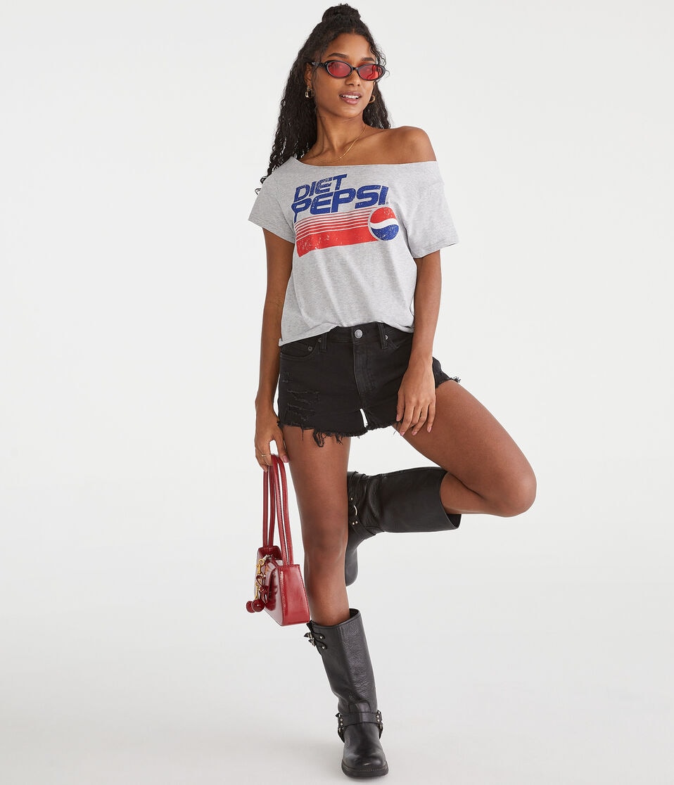 Aéropostale Diet Pepsi Off-The-Shoulder Graphic Tee Light Heather Grey