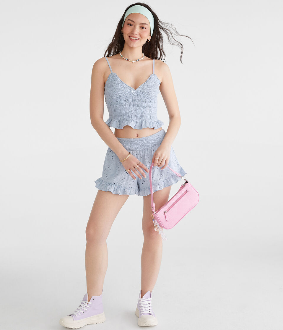 Aéropostale Eyelet Smocked V-Neck Crop Top Moonshade