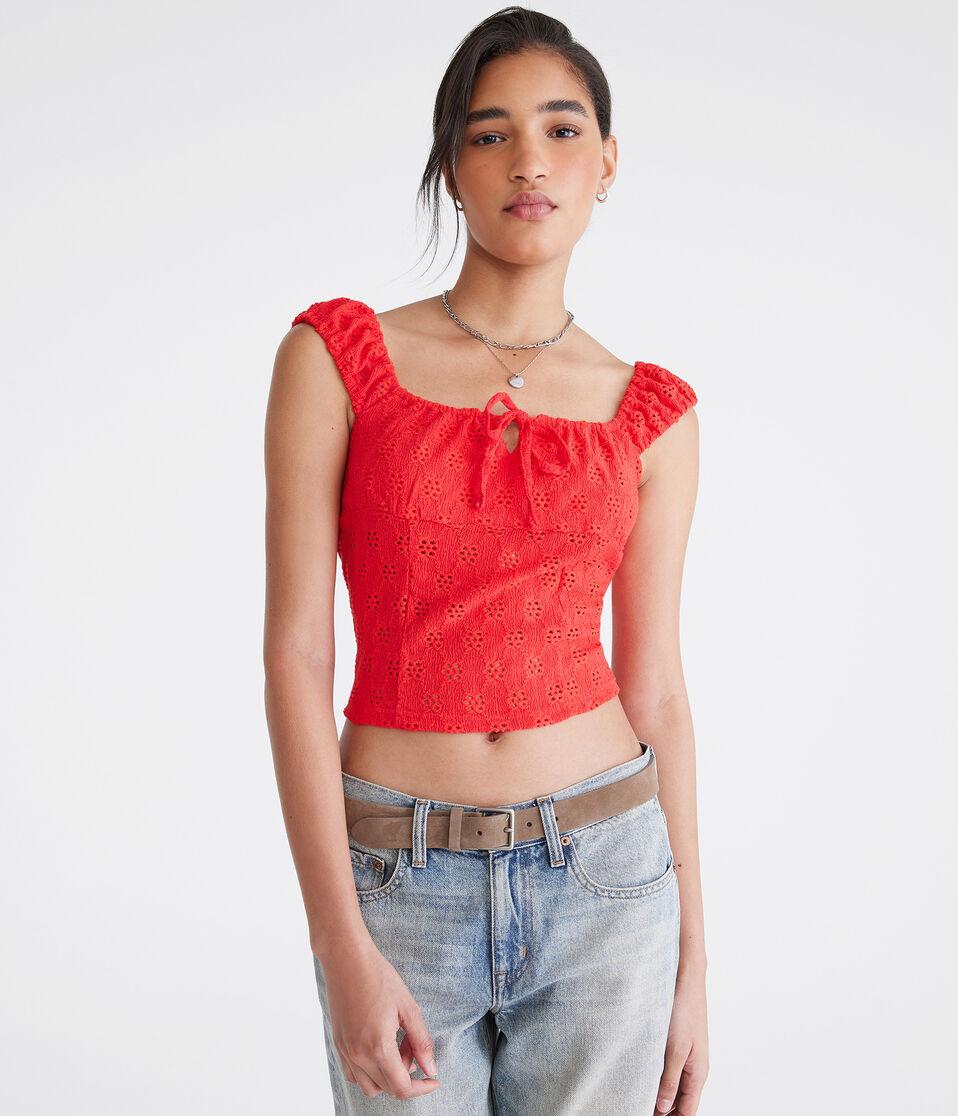 Aéropostale Eyelet Square-Neck Crop Top Pointsettia