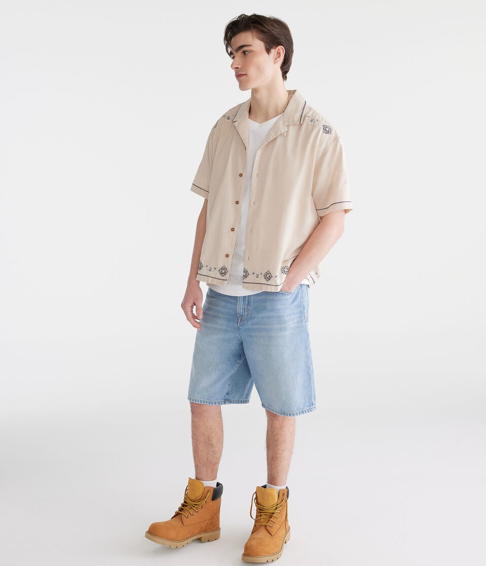 Aéropostale Floral Border Boxy Linen Camp Shirt Bungalow