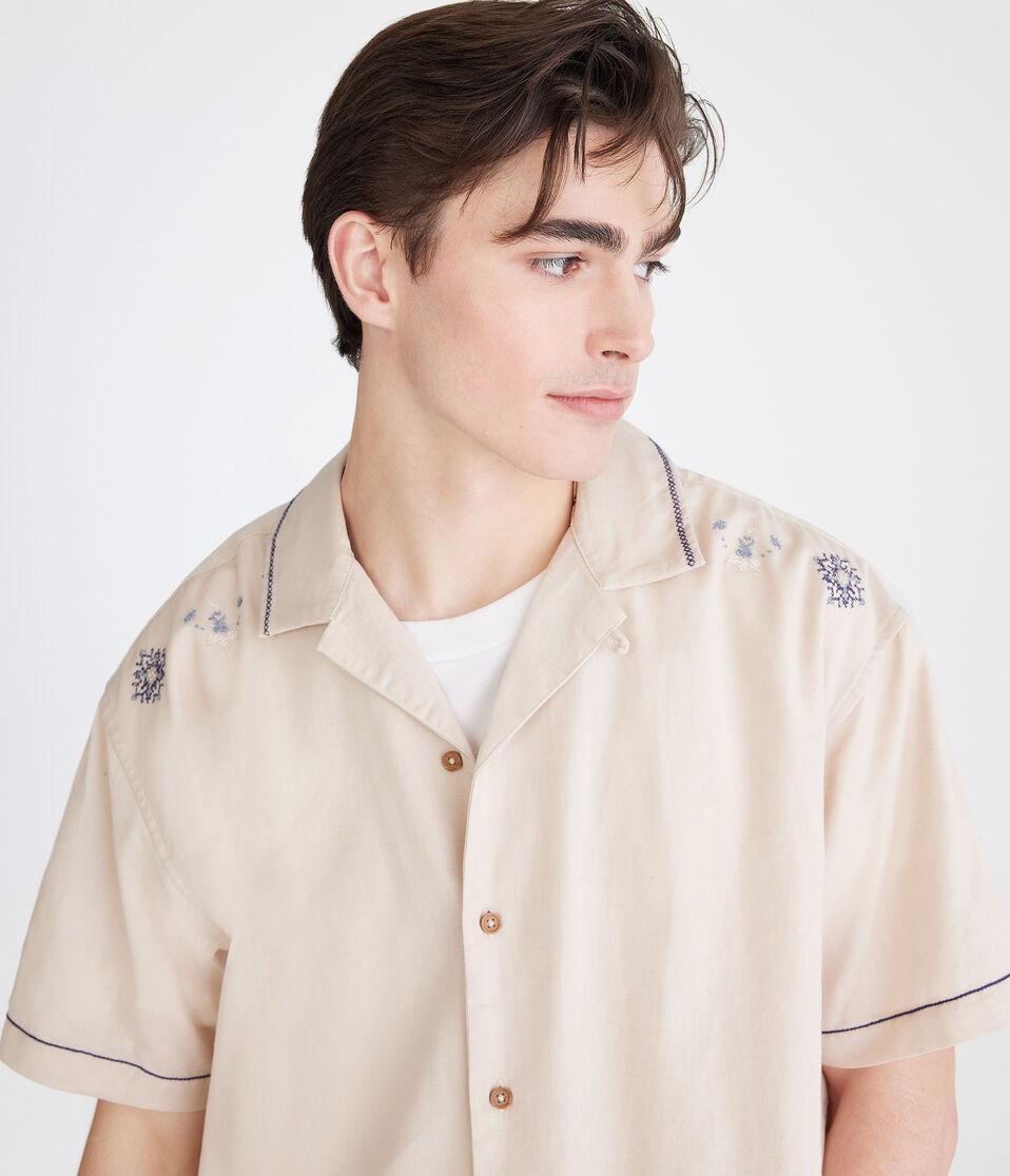 Aéropostale Floral Border Boxy Linen Camp Shirt Bungalow
