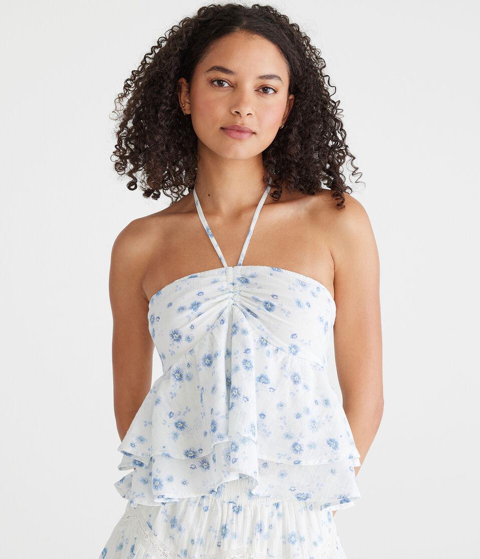 aéropostale Floral Cinched Convertible Tiered Top cream
