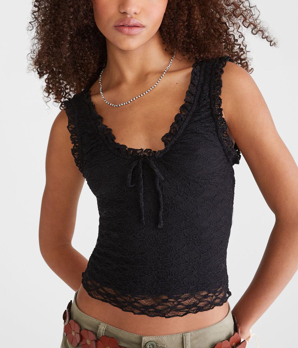 Aéropostale Floral Lace Scoop-Neck Cropped Tank Black Fox