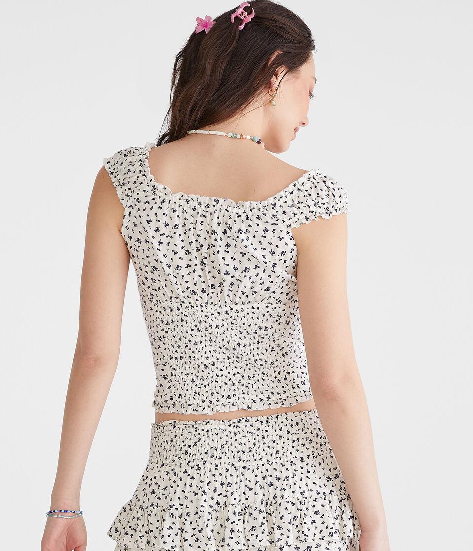 Aéropostale Floral Pleated V-Neck Peasant Top Egret White