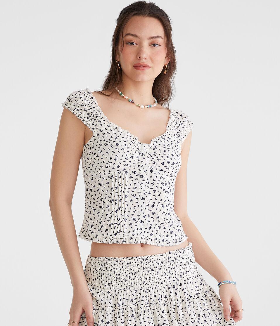 aéropostale Floral Pleated V-Neck Peasant Top egret white