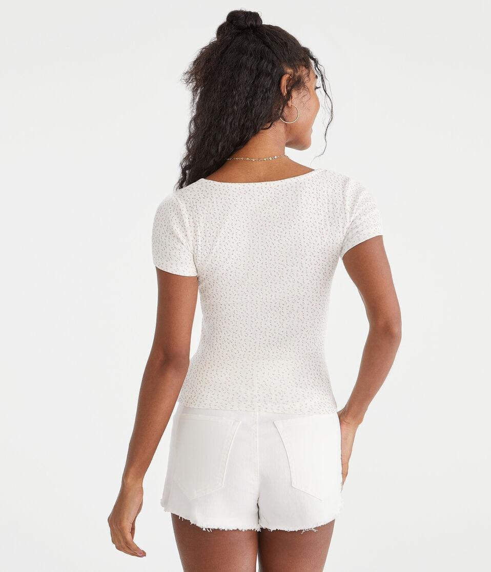 Aéropostale Floral Pointelle Cinch V-Neck Top Cream