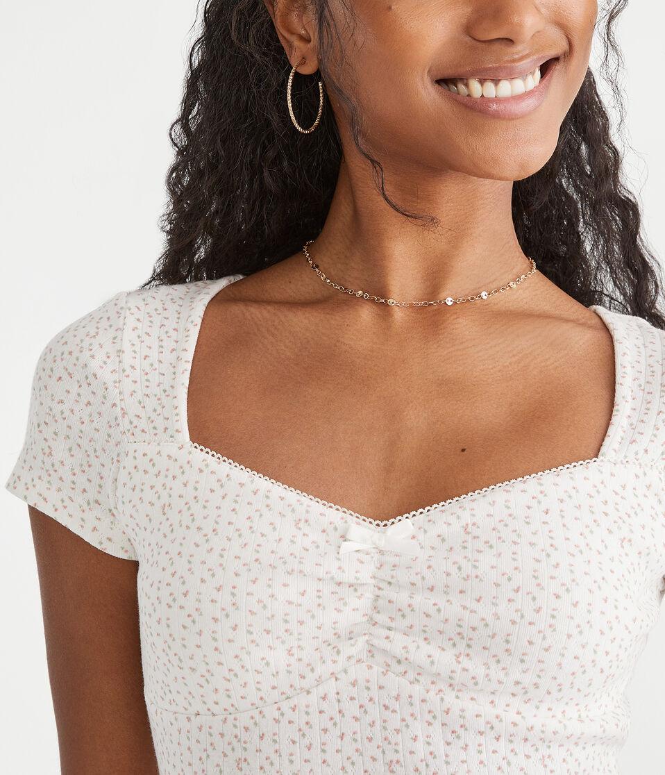 Aéropostale Floral Pointelle Cinch V-Neck Top Cream