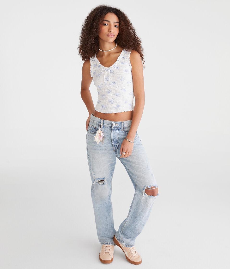 Aéropostale Floral Scoop-Neck Cropped Crinkle Tank Cream