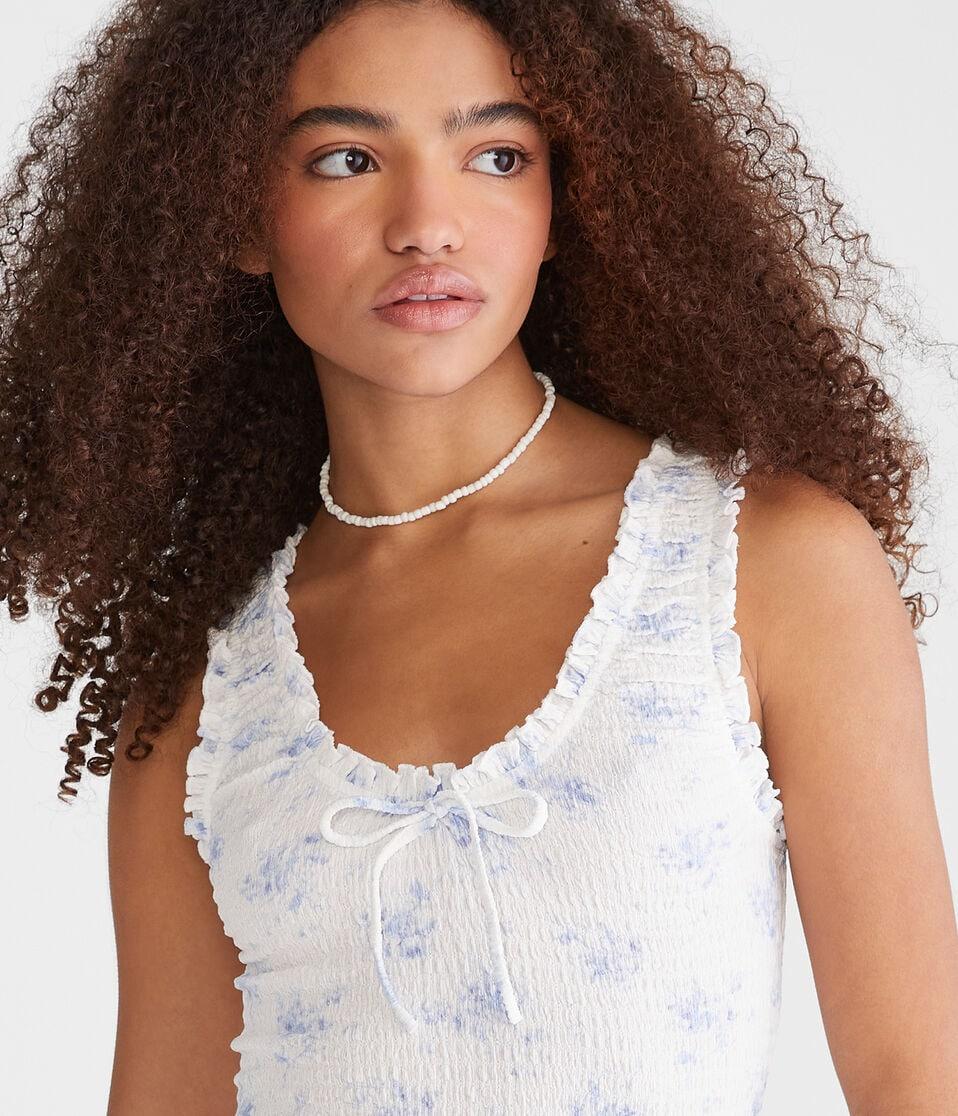 Aéropostale Floral Scoop-Neck Cropped Crinkle Tank Cream