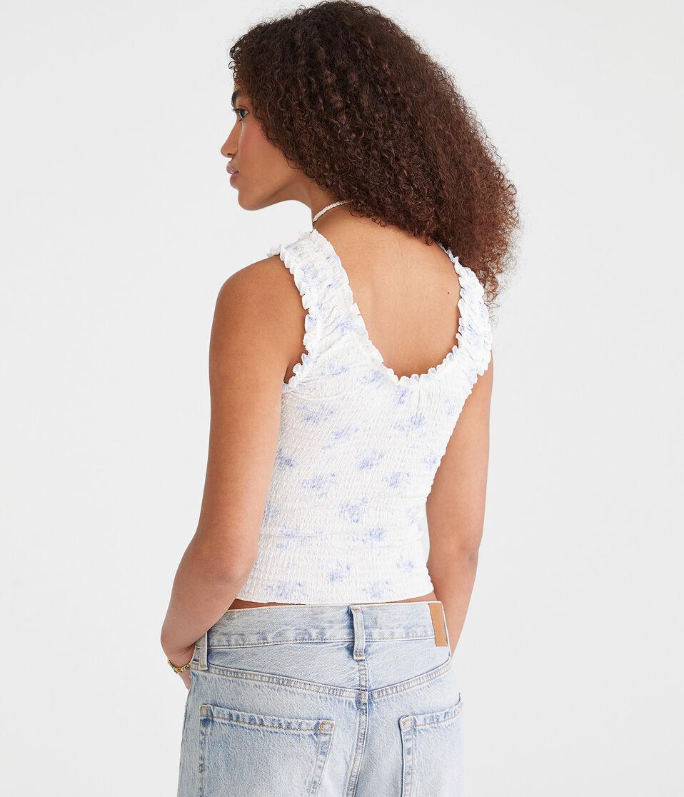 Aéropostale Floral Scoop-Neck Cropped Crinkle Tank Cream