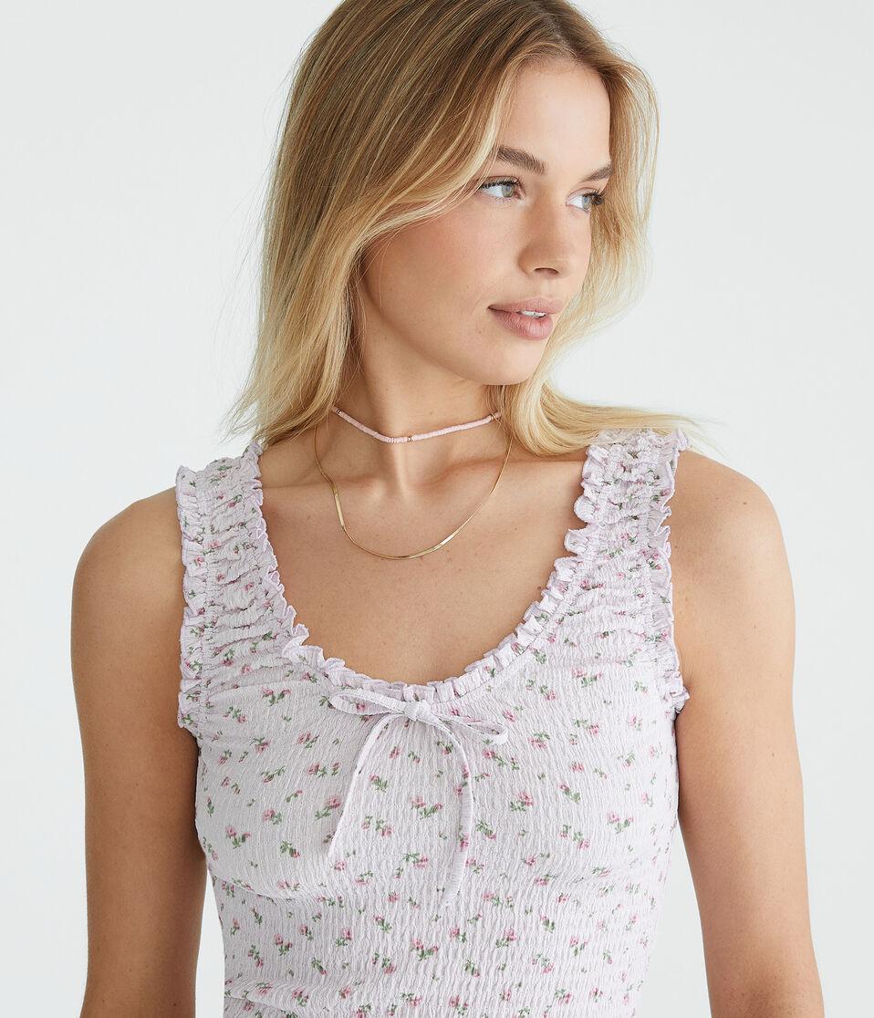Aéropostale Floral Scoop-Neck Cropped Crinkle Tank Lavender Current