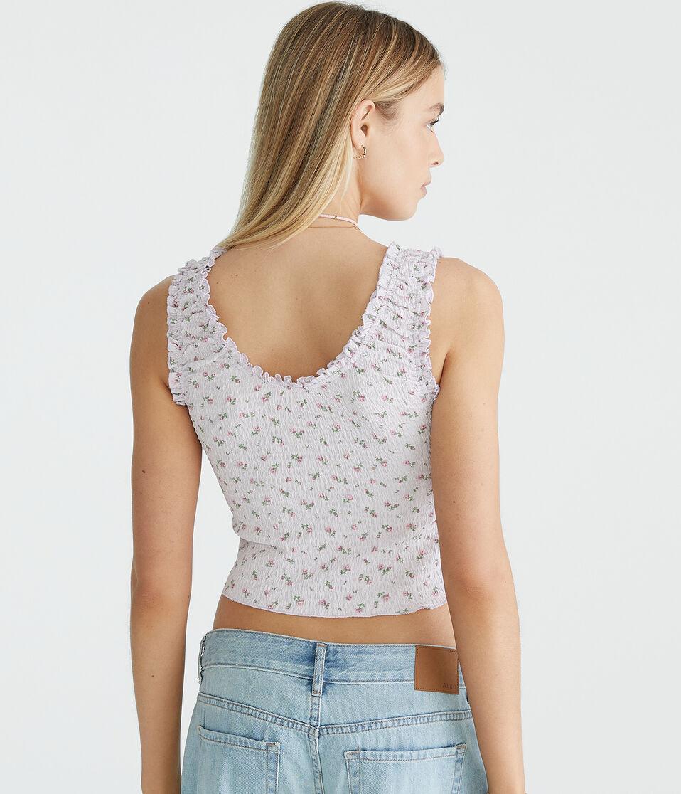 Aéropostale Floral Scoop-Neck Cropped Crinkle Tank Lavender Current