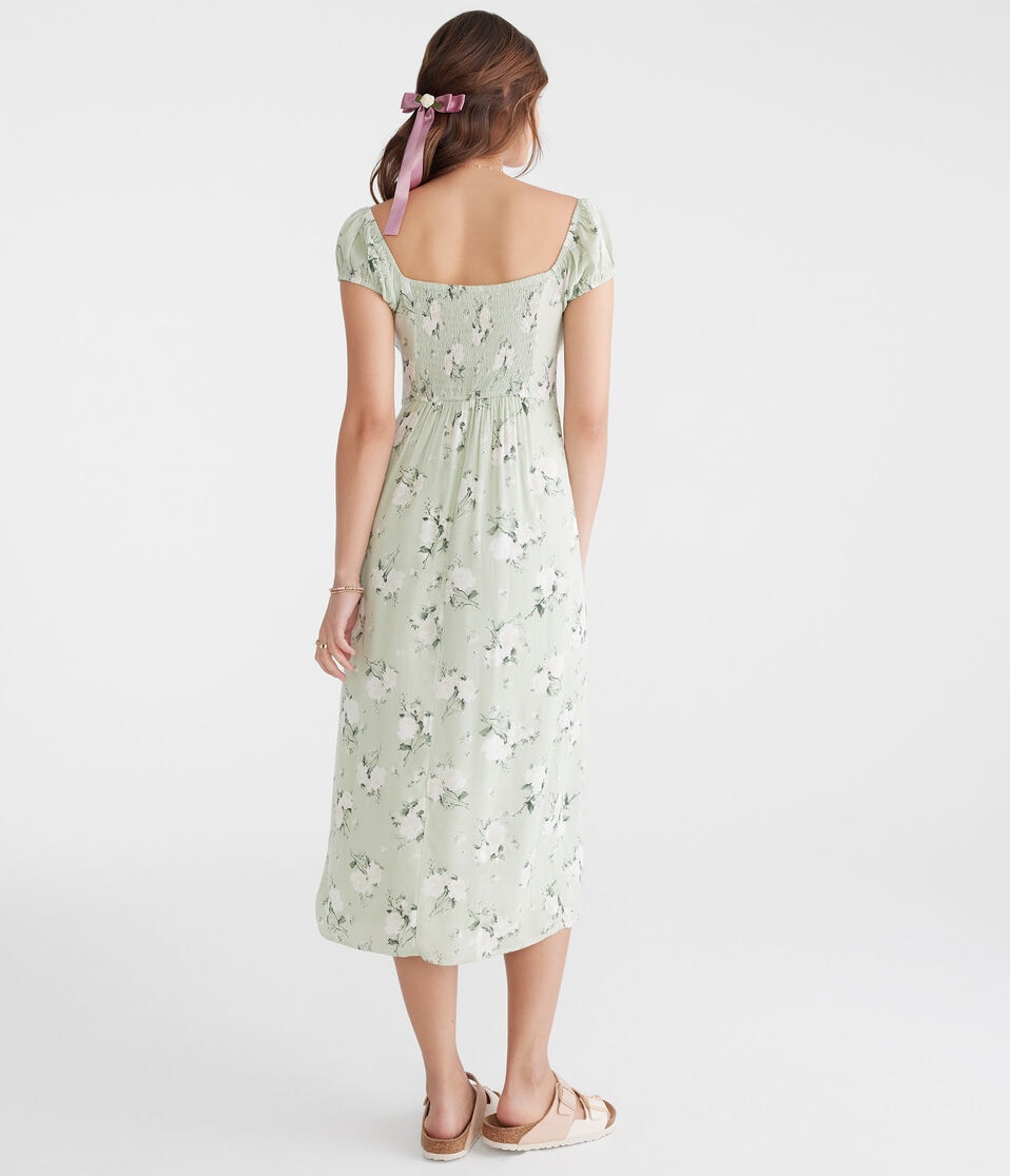 Aéropostale Floral Scoop-Neck Tie-Front Midi Dress Silver Leaf