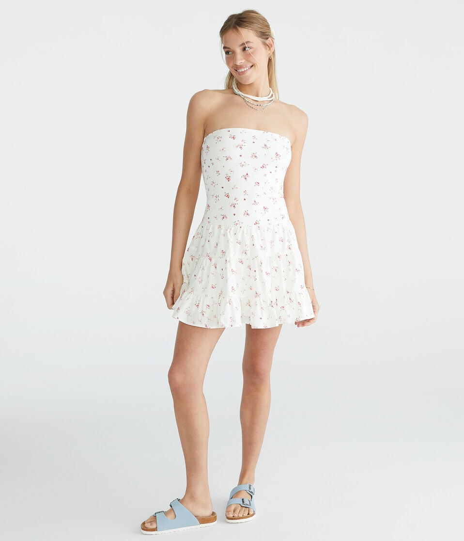 Aéropostale Floral Strapless Tiered Fit & Flare Dress Cream