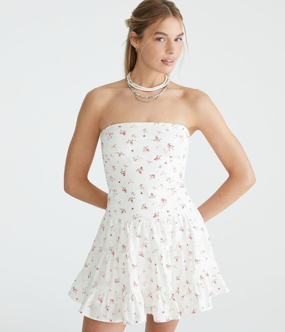 aéropostale Floral Strapless Tiered Fit & Flare Dress cream