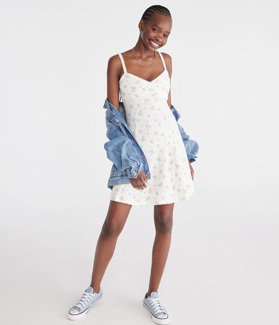 Aéropostale Floral Sweetheart Textured Mini Dress Cream