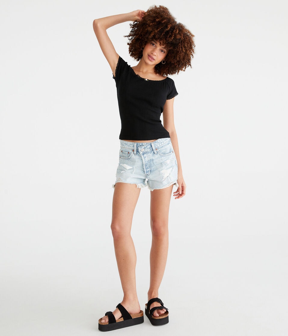 Aéropostale Lace Trim Boat-Neck Shrunken Tee Black Fox