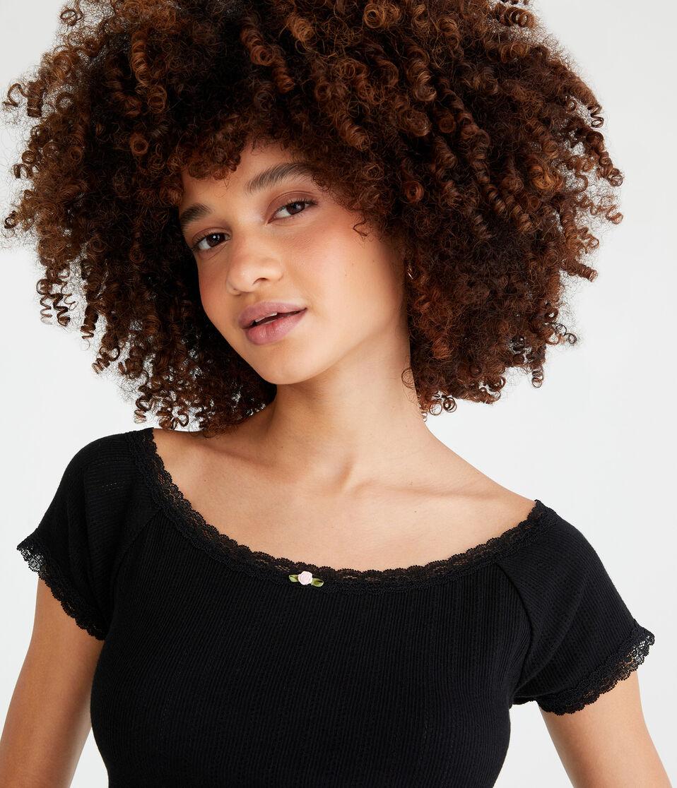 Aéropostale Lace Trim Boat-Neck Shrunken Tee Black Fox