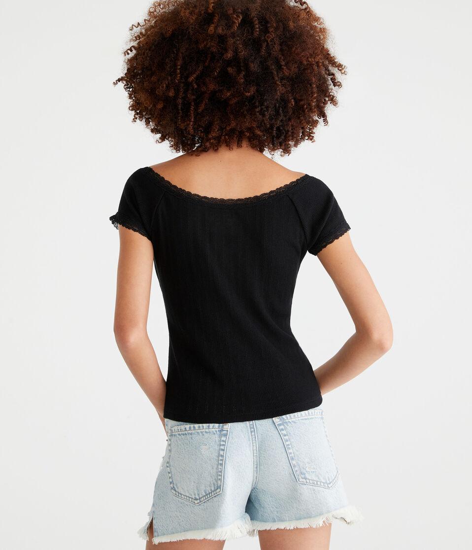 Aéropostale Lace Trim Boat-Neck Shrunken Tee Black Fox