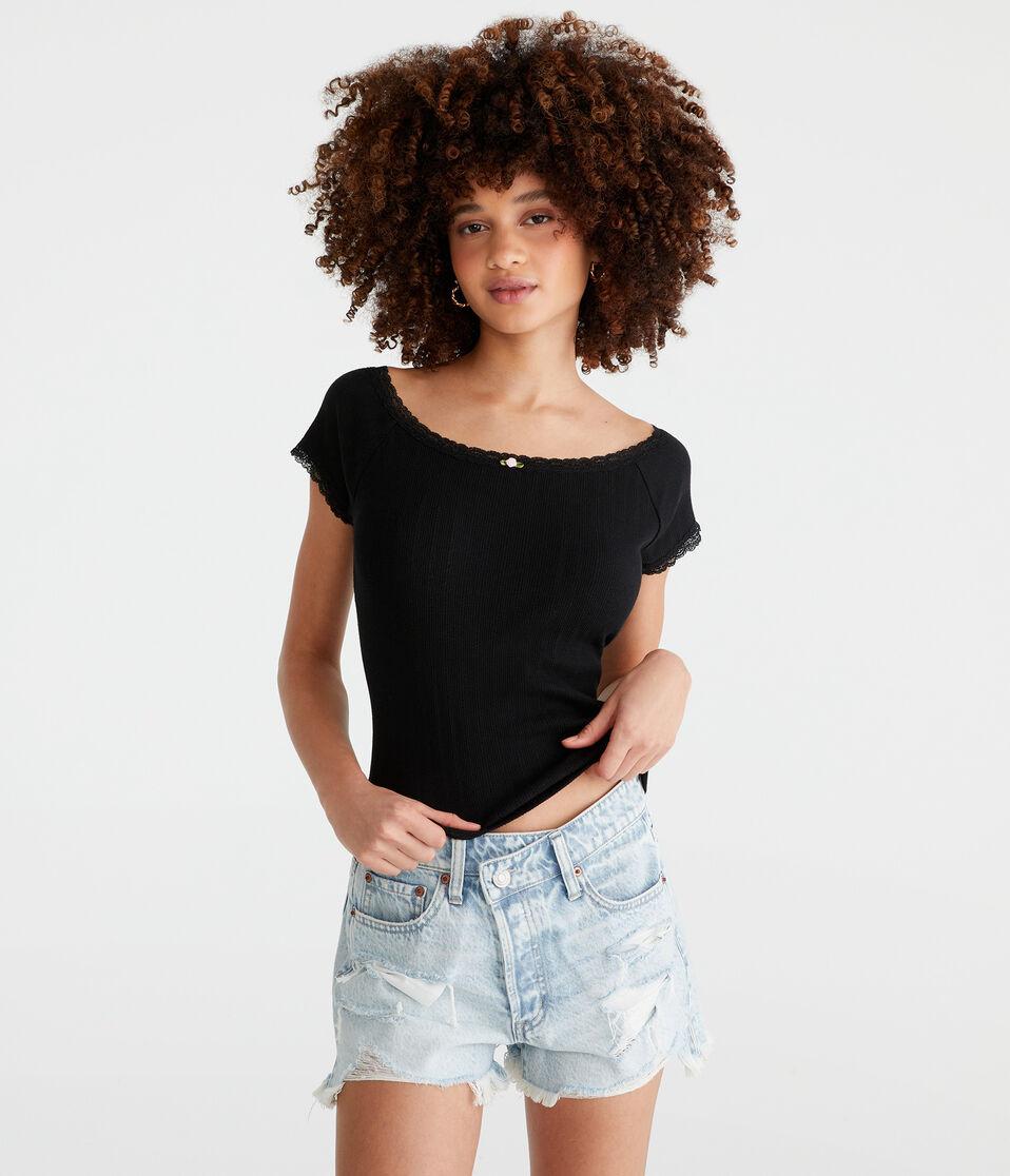 aéropostale Lace Trim Boat-Neck Shrunken Tee black fox
