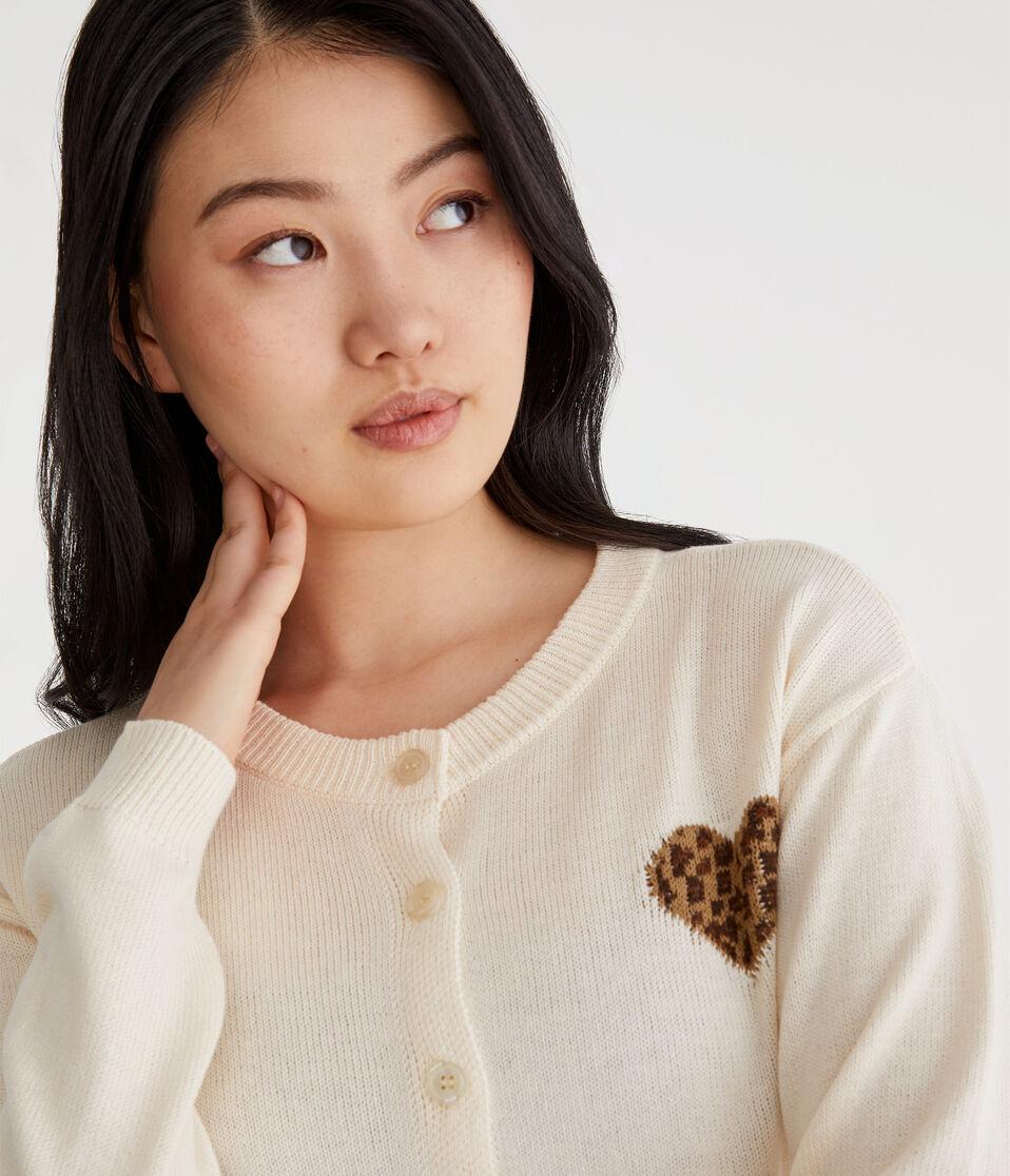 Aéropostale Leopard Print Heart Buttoned Crew Cardigan Nude