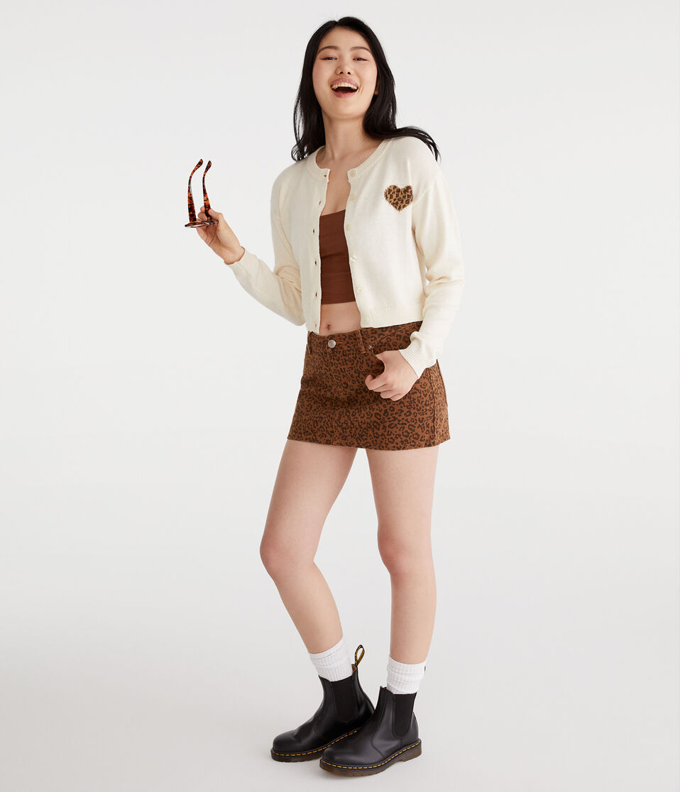 Aéropostale Leopard Print Heart Buttoned Crew Cardigan Nude