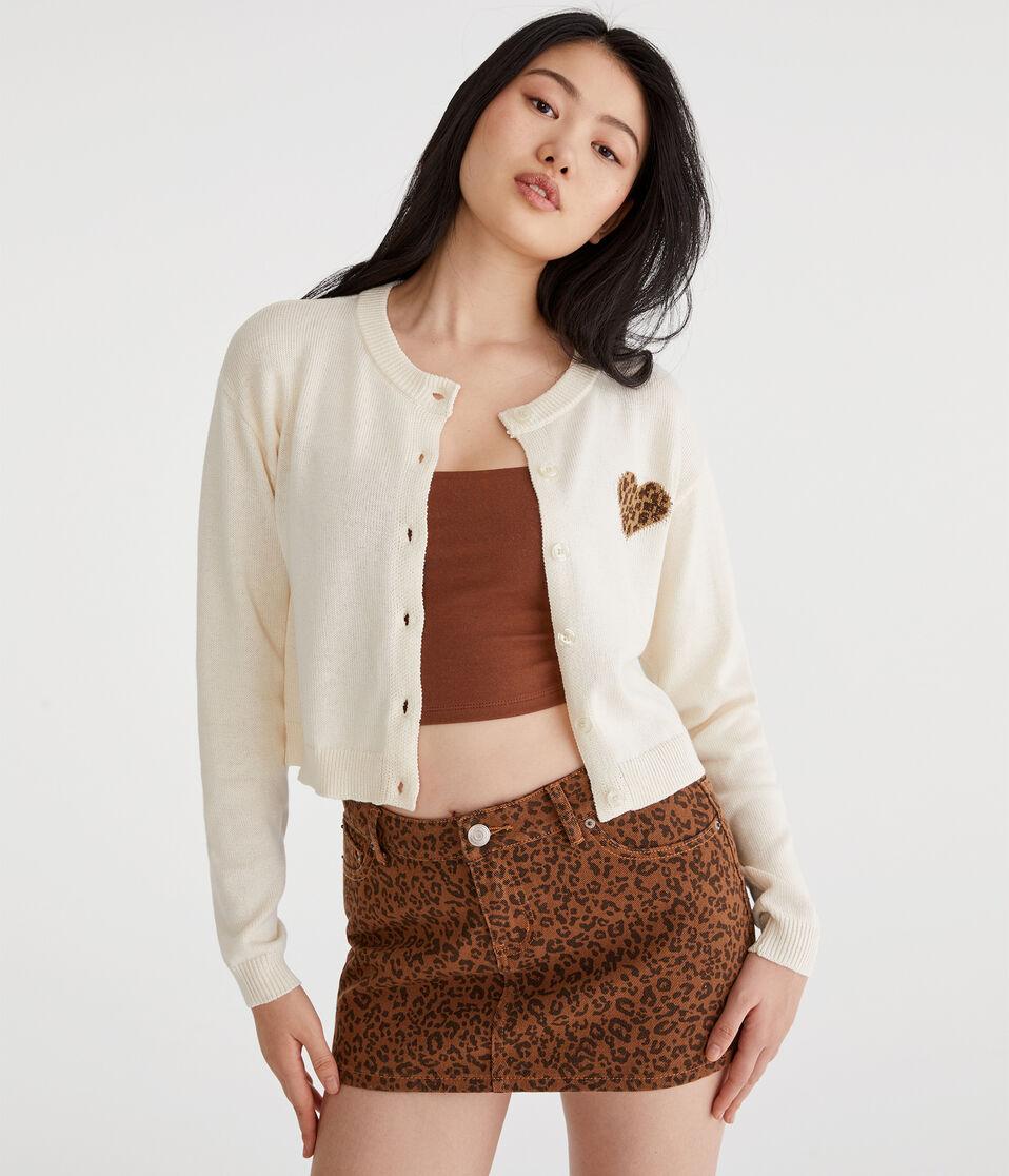 aéropostale Leopard Print Heart Buttoned Crew Cardigan nude