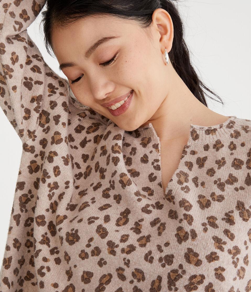 Aéropostale Leopard Print Oversized V-Neck Sweater Tan