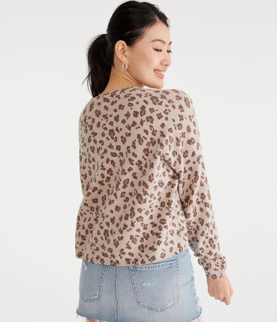 Aéropostale Leopard Print Oversized V-Neck Sweater Tan