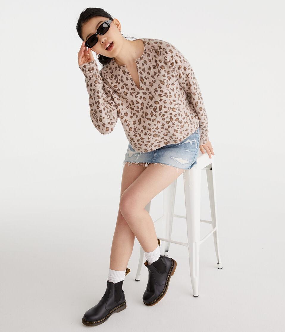 Aéropostale Leopard Print Oversized V-Neck Sweater Tan