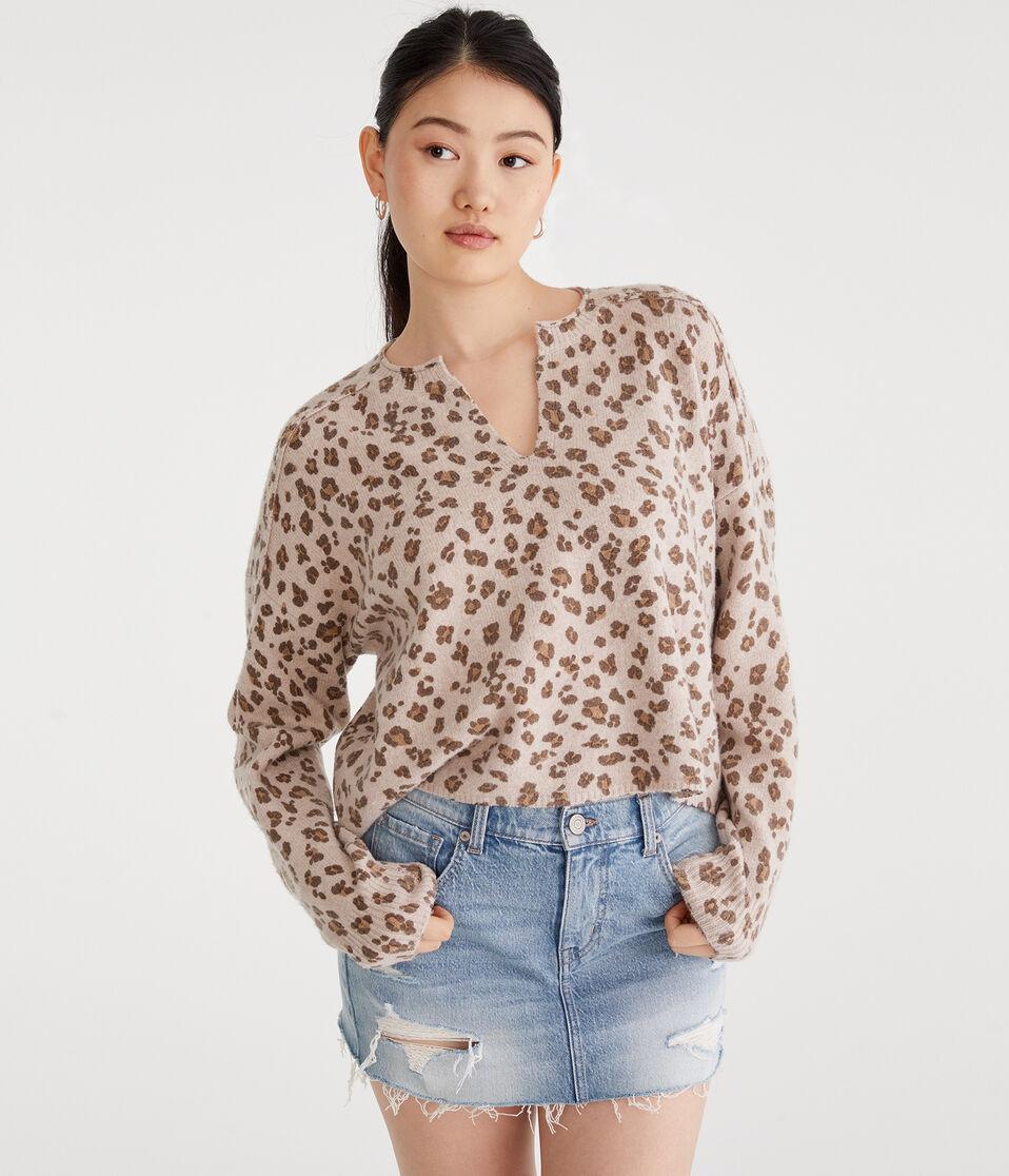 aéropostale Leopard Print Oversized V-Neck Sweater tan