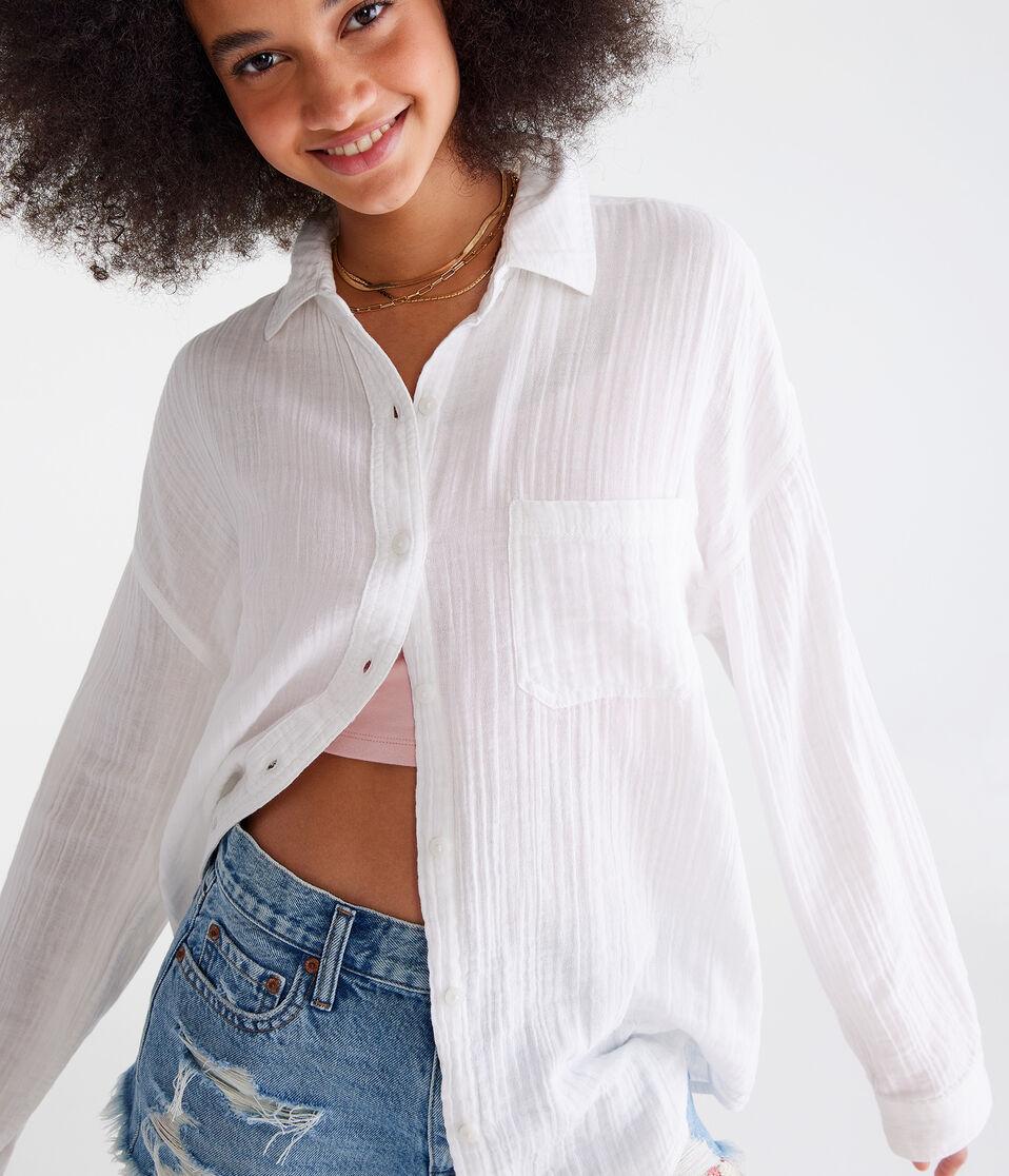 Aéropostale Long Sleeve Oversized Gauze Shirt Bleach
