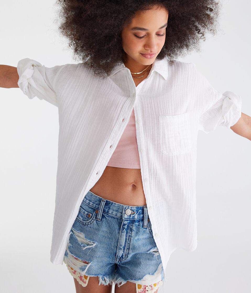 aéropostale Long Sleeve Oversized Gauze Shirt bleach
