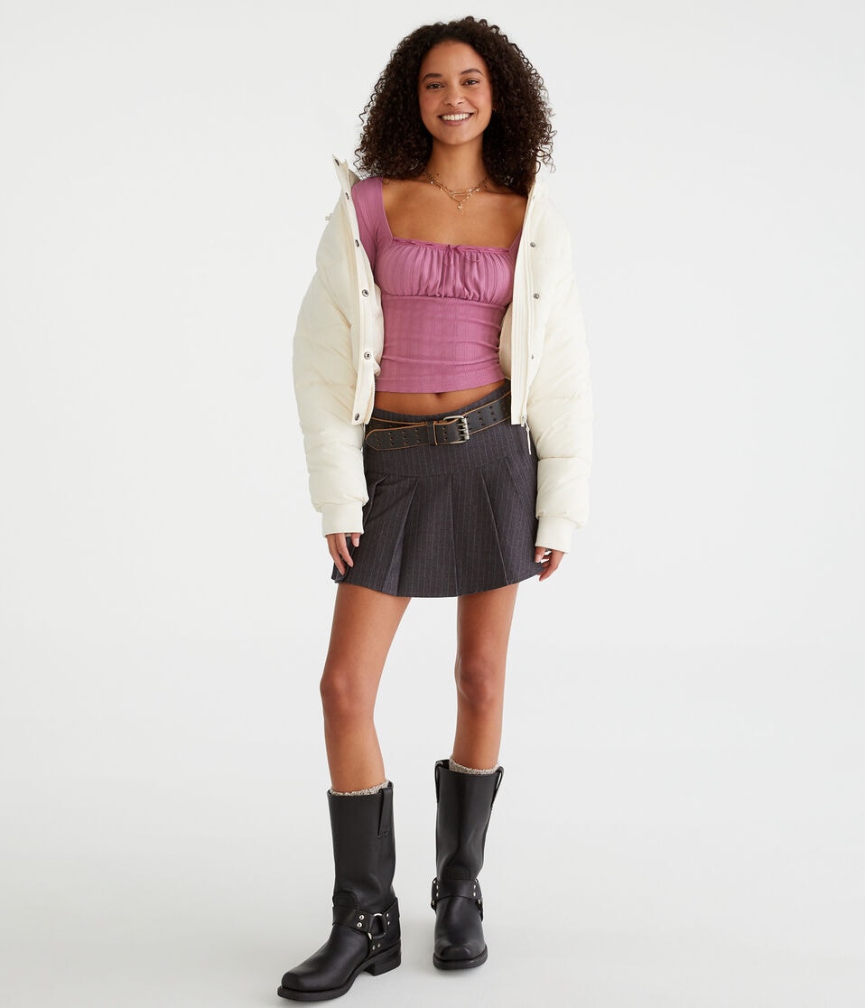Aéropostale Long Sleeve Ruched Pointelle Top Burgundy