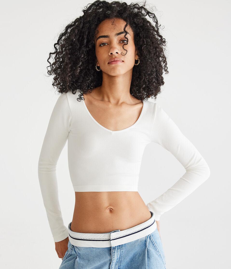 aéropostale Long Sleeve Seamless Wear 3 Ways Crop Top cream