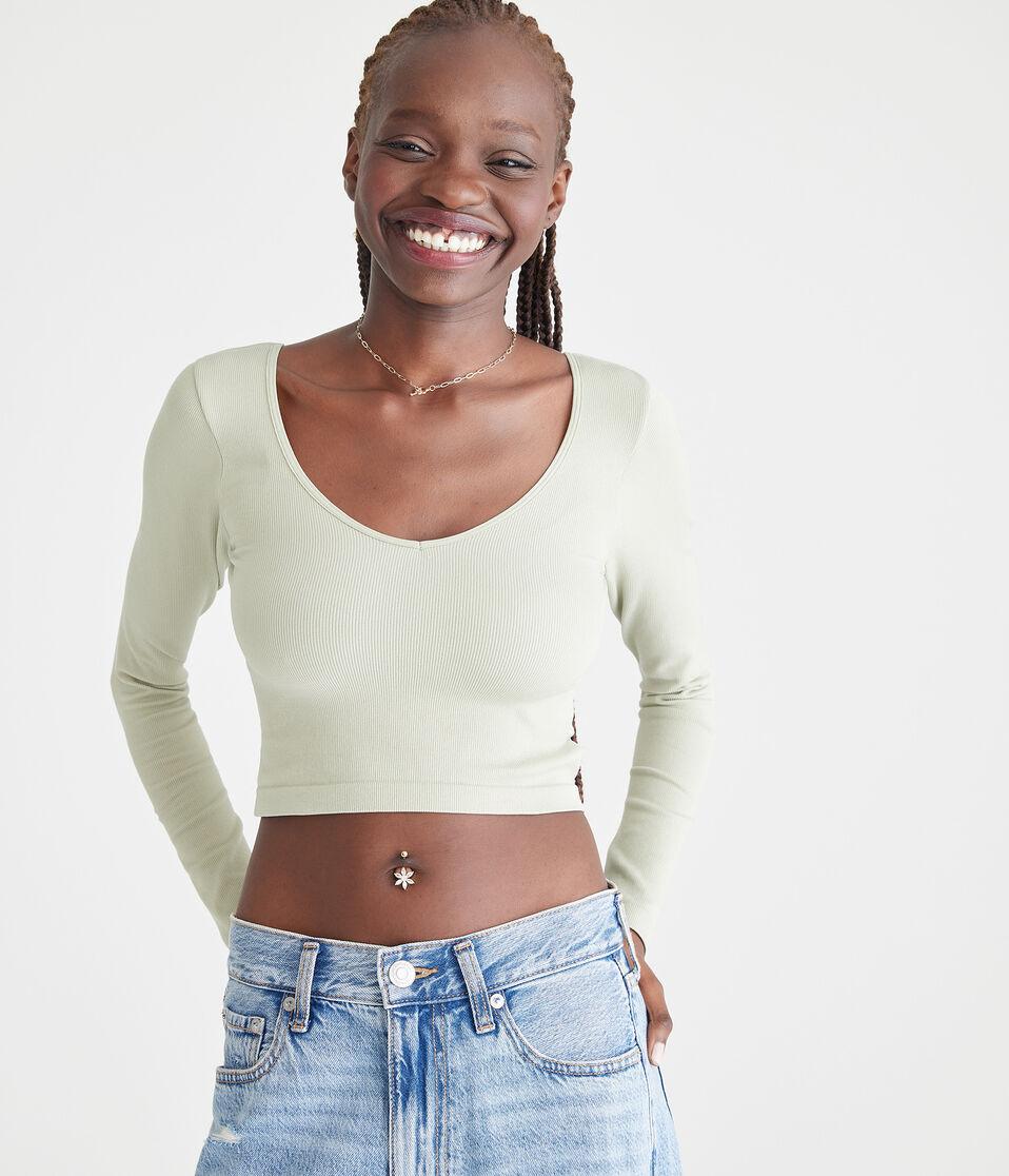 aéropostale Long Sleeve Seamless Wear 3 Ways Crop Top organic olive