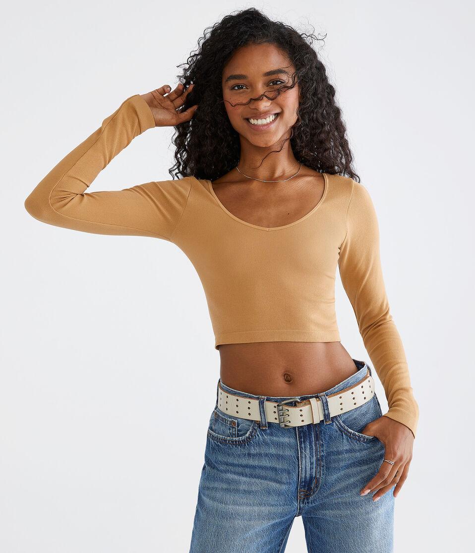 Aéropostale Long Sleeve Seamless Wear 3 Ways Crop Top Twig