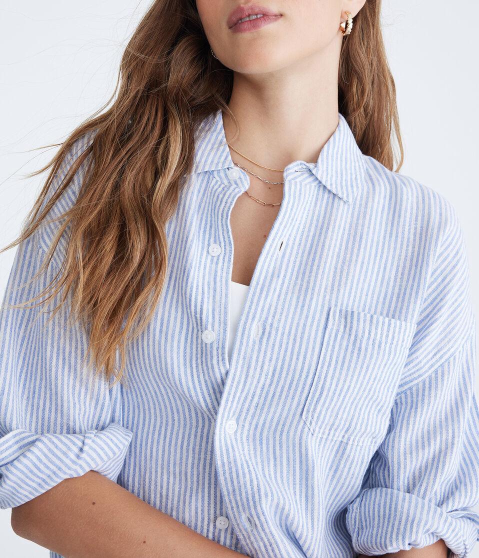Aéropostale Long Sleeve Striped Linen Shirt Colony Blue