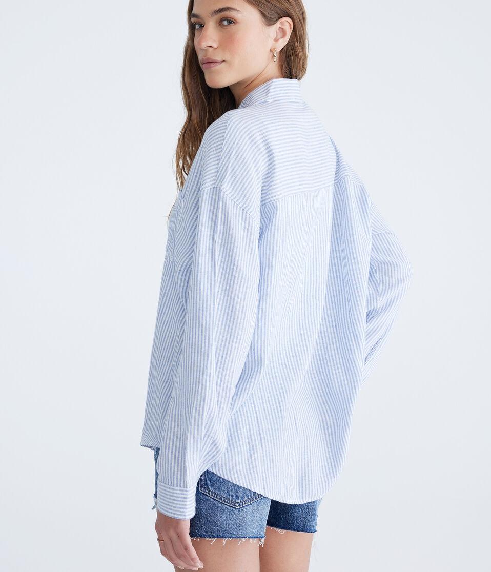 Aéropostale Long Sleeve Striped Linen Shirt Colony Blue
