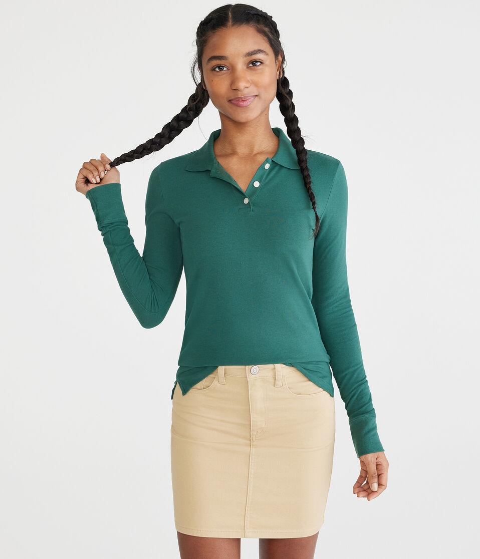 aéropostale Long Sleeve Uniform Piqué Polo emerald pool