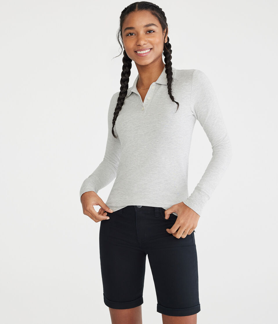 Aéropostale Long Sleeve Uniform Piqué Polo Light Heather Grey