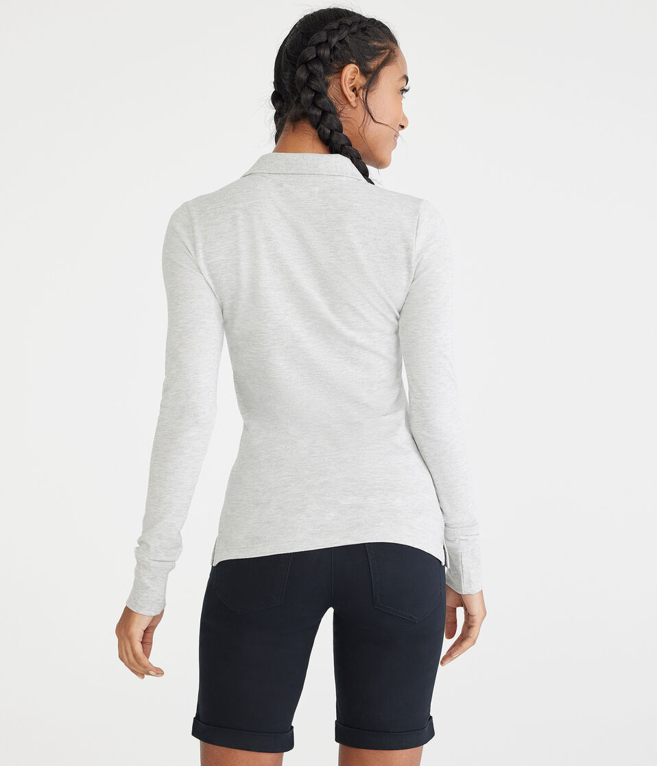 Aéropostale Long Sleeve Uniform Piqué Polo Light Heather Grey